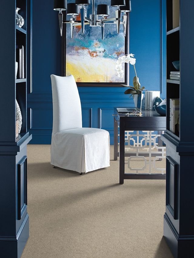 white chair in a room with blue walls and brown carpet from Perge Carpet & Floors in Wheaton, MD